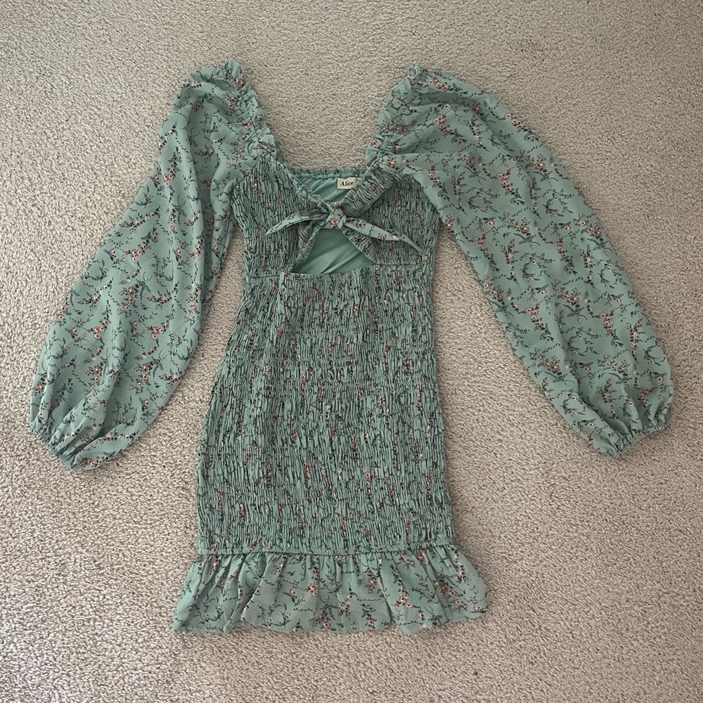 Sundae Muse mint green floral smocked longsleeve tie romper